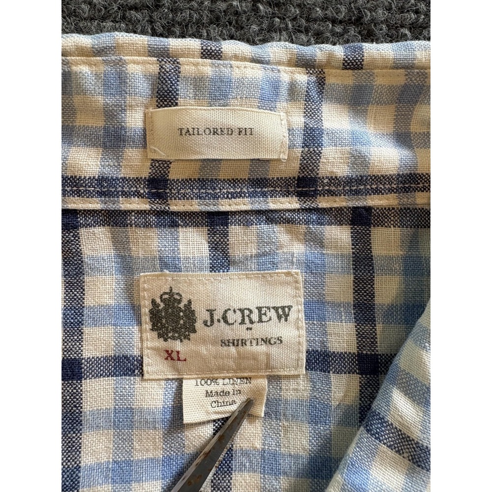 J Crew Linen Shirt Mens Extra Large Blue White Plaid Tailored Fit Button Down - Picture 3 of 7